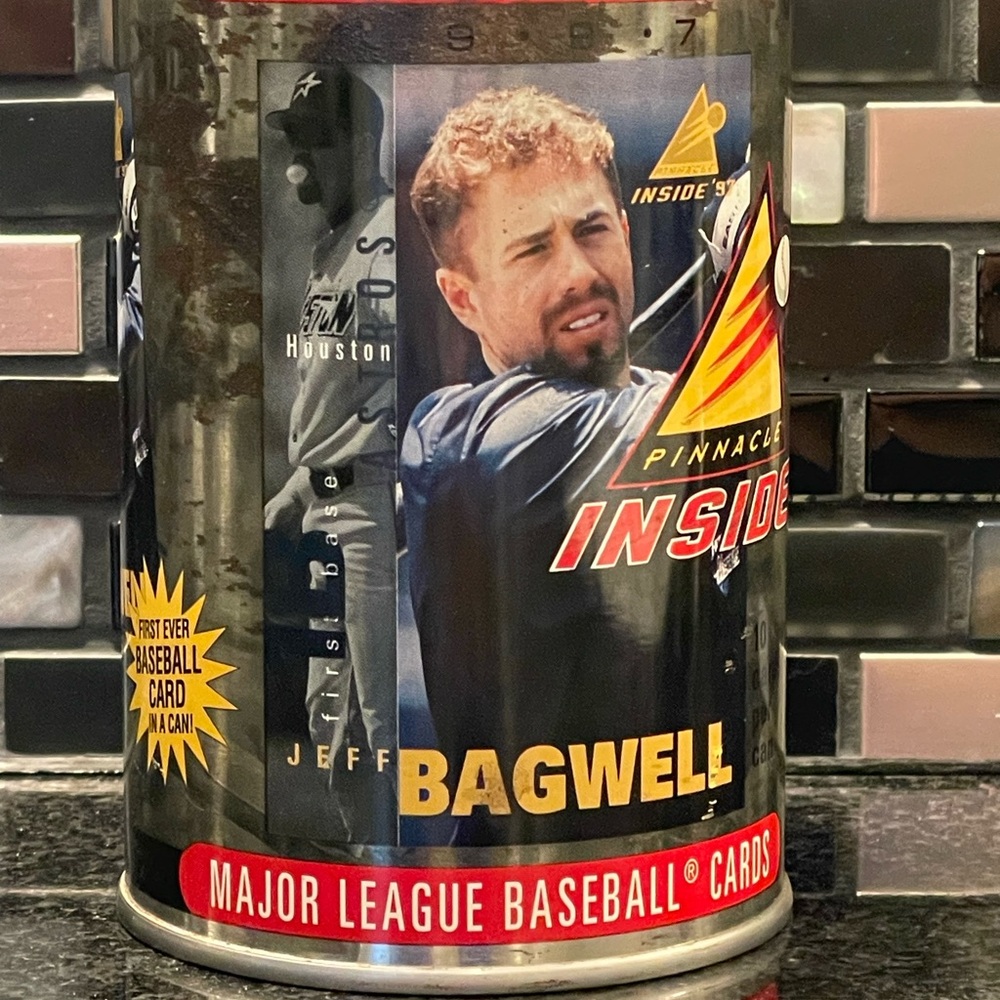 Baseball cards in a can